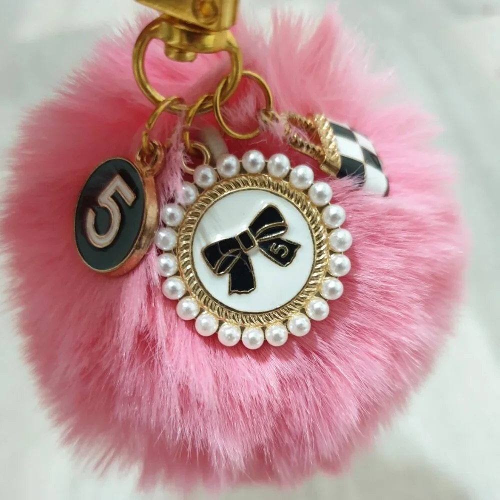 Women Pink Charms Pom Pom Key Chain Key Ring Handbag Purse Pendant Accessory